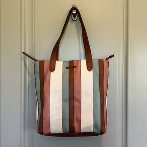 FRYE AND CO. Multicolor Striped Leather Tote - Brown, White, Pink, Blue